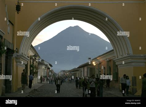 Guatemala Antigua Arch And Agua Volcano Stock Photo Alamy