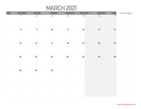 March Monday Calendar 2021 With Notes Calendar Quickly