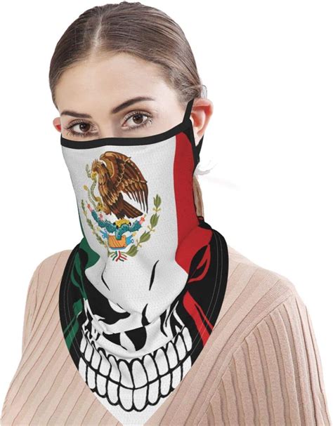 Mexico Flag Skull Bandana Face Mask With Ear Loops Neck Gaiter For