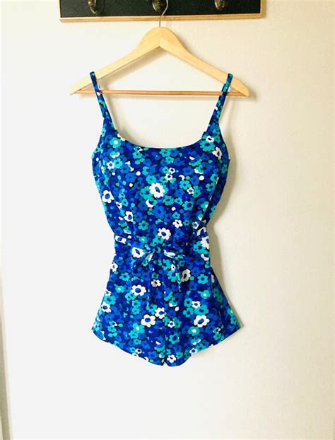 1960s Blue Bathing Suit Vintage Bright Daisy Print Gem