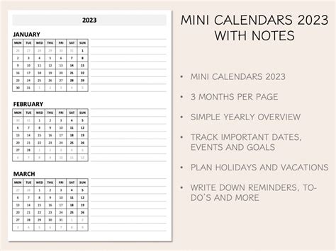 Printable Mini Monthly Calendars 2023 Yearly Instant Download Etsy