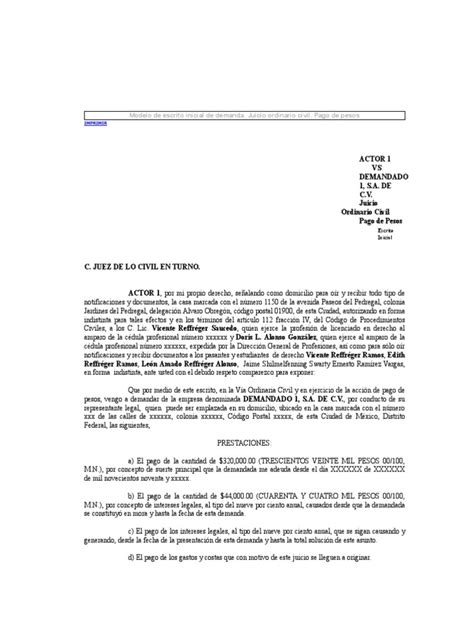 Modelo De Escrito Inicial De Demanda Juicio Ordinario Civil Pago De