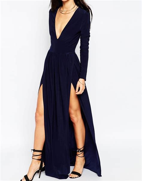 Club L Deep Plunge Maxi Dress With Double Thigh Splits At
