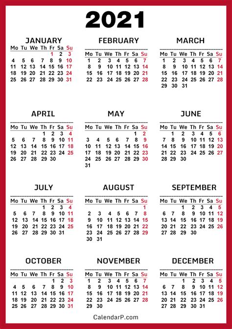 All 12 months of 2021 on a single page. 2021 Calendar, Printable Free, Red - Monday Start ...