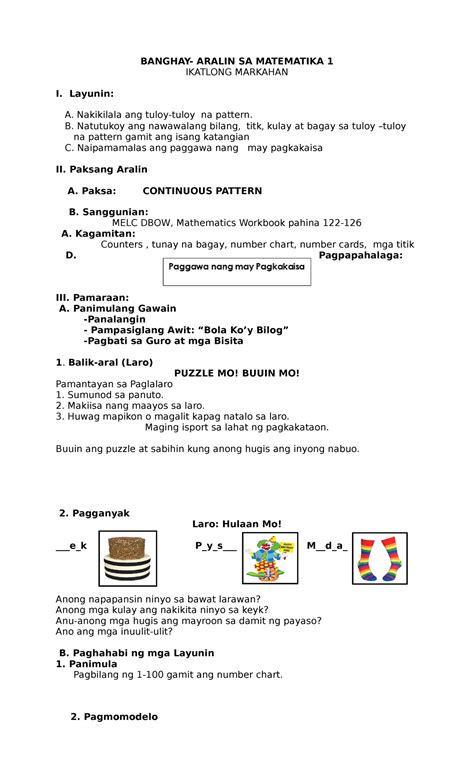 Banghay - lesson plan - BANGHAY- ARALIN SA MATEMATIKA 1 IKATLONG