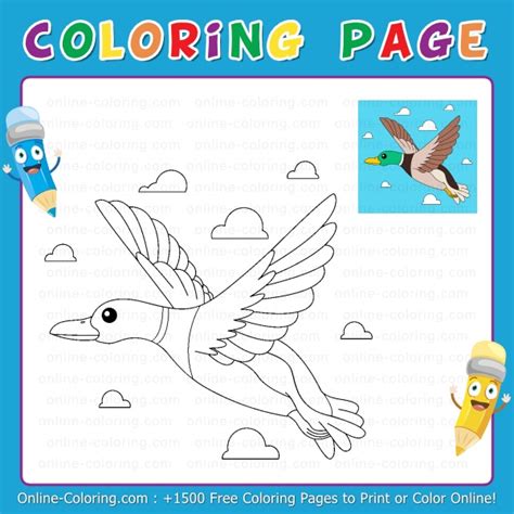 Mallard Duck Flying In A Cloudy Blue Sky Free Online Coloring Page