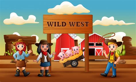 Cowboy Wild West Cartoon With Animal In Farm Entrance