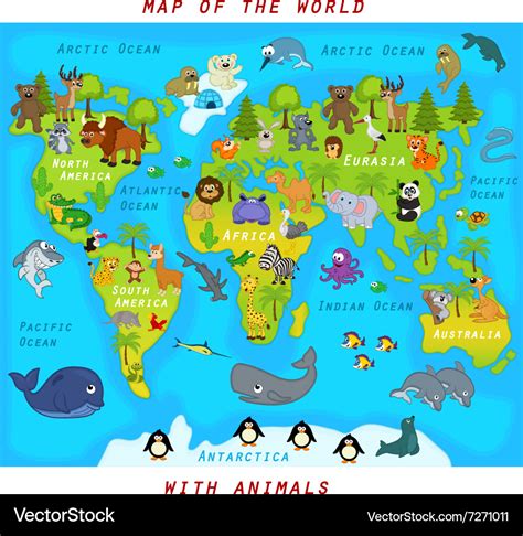 A Map Of The World With Animals And Flags