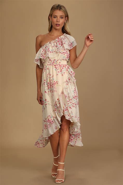Cream Floral Dress One Shoulder Dress Chic Ruffled Midi Dress Lulus