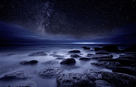 Wallpaper Sea The Sky Stars Night Stones Shore Images For Desktop