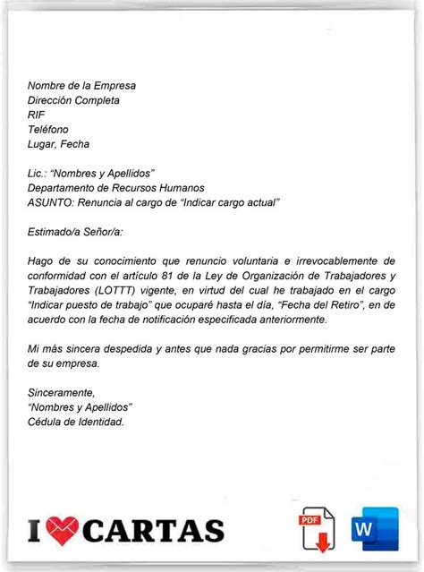 Carta De Renuncia En Venezuela Modelos En Word Y Pdf