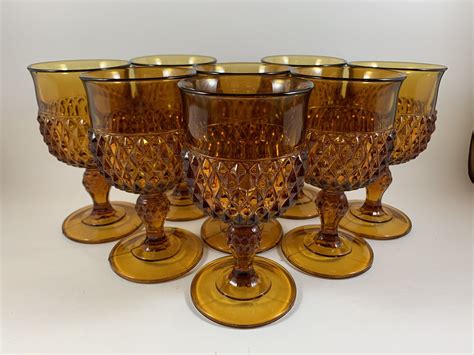 Vintage Indiana Glass Diamond Point Amber Water Wine Goblets 8 Oz Capacity Set Of 8 Circa