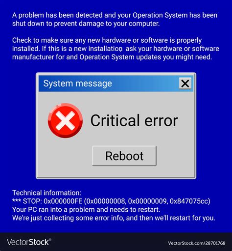 Critical Error System Message On Blue Screen Vector Image