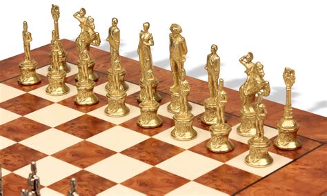 Napoleon Theme Chess Set Brass And Nickel Pieces With Elm Burl Chess