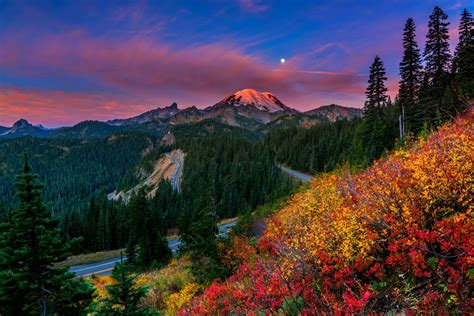 Sky Moon Sunset Mountains Beautiful Nature Colors Forest Trees Snowy Peaks Road