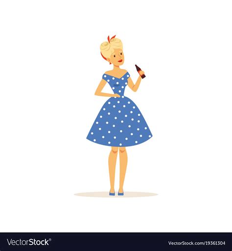Beautiful Young Woman In A Blue Polka Dot Dress Vector Image