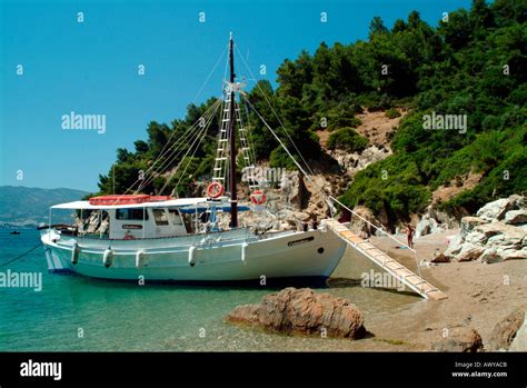 Boat Moored Argos Island Skiathos Greece Stock Photo Alamy