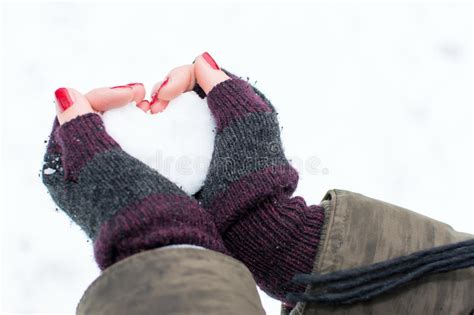 Woman Hands Holding Heart Shaped Snowball Stock Photo Image Of