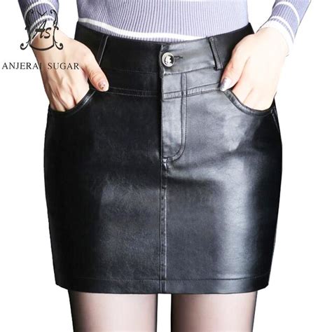Autumn Winter Women Faux Leather Skirt Black Pu Leather Sexy Pocket Plus Size Package Hip Female