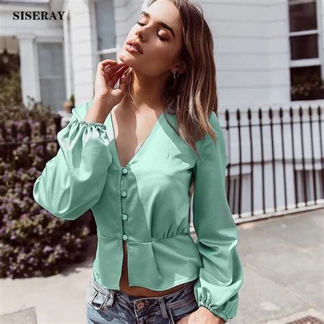 european sexy deep v neck silk blouses and shirts women lantern sleeve blouse solid color blusas