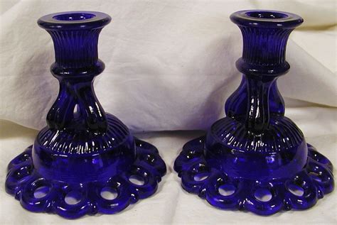 2 Cobalt Blue Glass Lacey Edge Candle Stick Holders Made In Pittsburgh Don T Get Left Behind