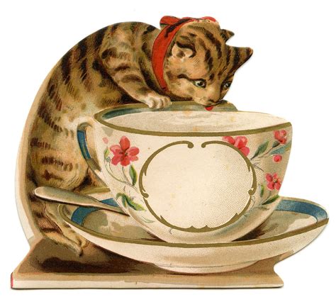 Hi quality image of a cat or kitten drinking milk or eating cat food as vintage retro clipart. Vintage Image - Cat with Teacup - The Graphics Fairy