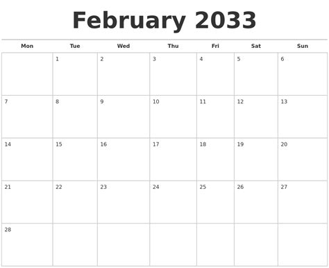 February 2033 Calendars Free