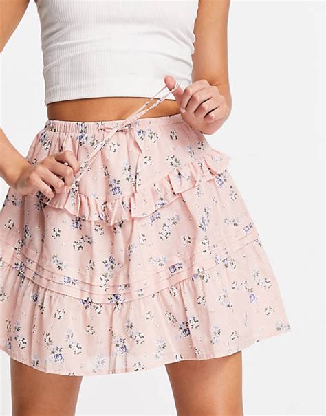 Asos Design Tiered Mini Skirt In Pink Ditsy Floral Print Asos