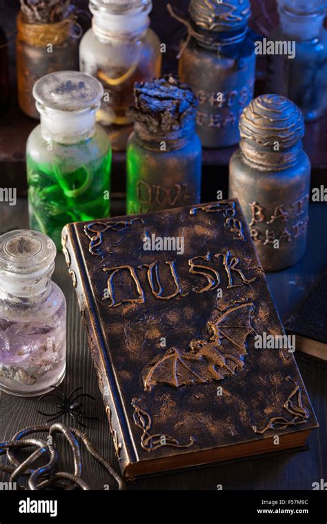 Magic Book Witch Apothecary Jars Potions Halloween Decoration Stock