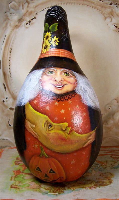 Folk Art One Of A Kind Witch Gourd Pumpkins Toad Moon Halloween Vintage