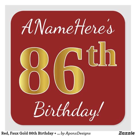 Red Faux Gold 86th Birthday Custom Name Sticker Name