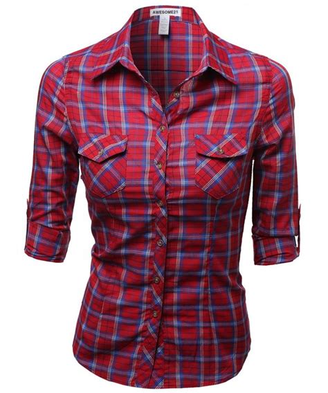 women s slim fit line twill plaid checker rolled up blouse top plaid shirt top purple plaid