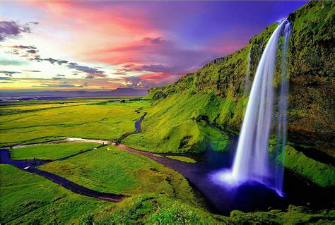Icelandic Waterfall Sky Green Landscape Sunset River Clouds Hd
