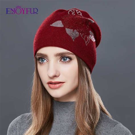 Enjoyfur Sequins Embroidery Knitted Hat Female Floral Wool Winter Hats