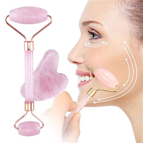 2pcs Rose Quartz Roller Slimming Face Massager Lifting Tool Natural Jade Facial Massage Roller