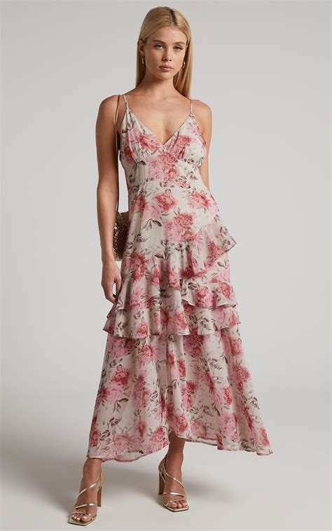 Caliope Maxi Dress V Neck Tiered Ruffle Dress In Pink Floral Showpo Usa
