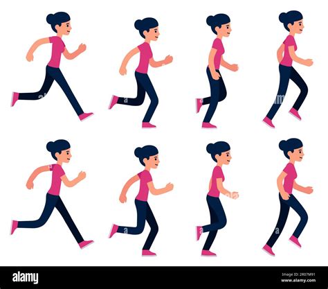 Running Woman Animation Sprite Set Frame Loop Simple Flat Cartoon Style Vector Illustration