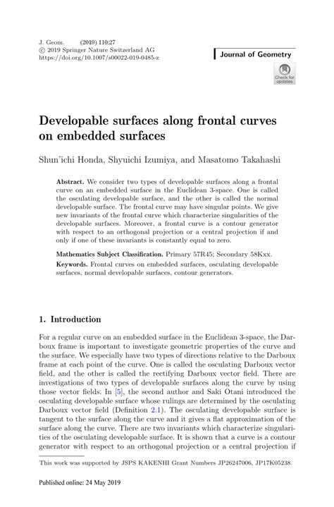 Pdf Developable Surfaces Along Frontal Curves On Embedded Surfaces