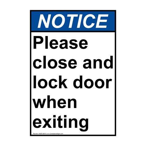 Vertical Please Close And Lock Door When Exiting Sign Ansi Notice
