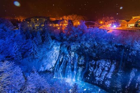 Illuminated Shirahige Waterfall Waterfall Photo Blue River