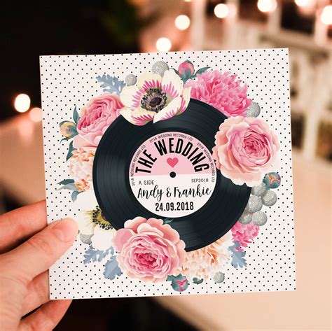 Floral Vinyl Record Inspired Wedding Invitations Pink Love Me Do Designs