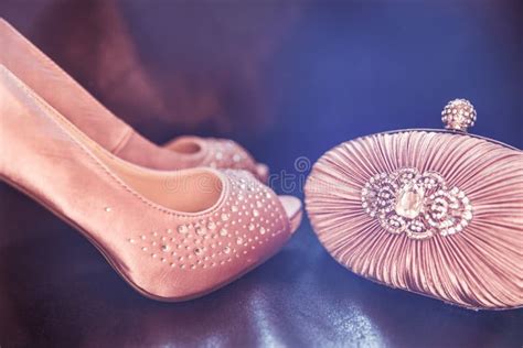 Embrague Y Zapatos Nupciales De Diamond Encrusted Nude Colour Satin En D Foto De Archivo