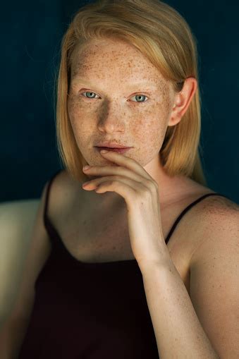 Portrait Of A Beautiful Young Redhead Woman With Freckles On The Body ...