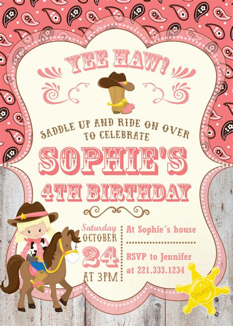 Cowgirl Invitation Cowgirl Birthday Party Cowgirl Printable Etsy