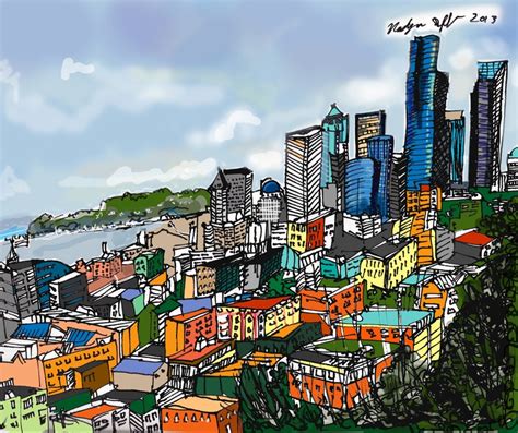Seattle Drawn With Pen And Colored Digitally Drawing Art Cityscape