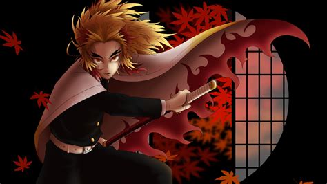 Demon Slayer Kyojuro Rengoku With Sword With Background Of Window Red