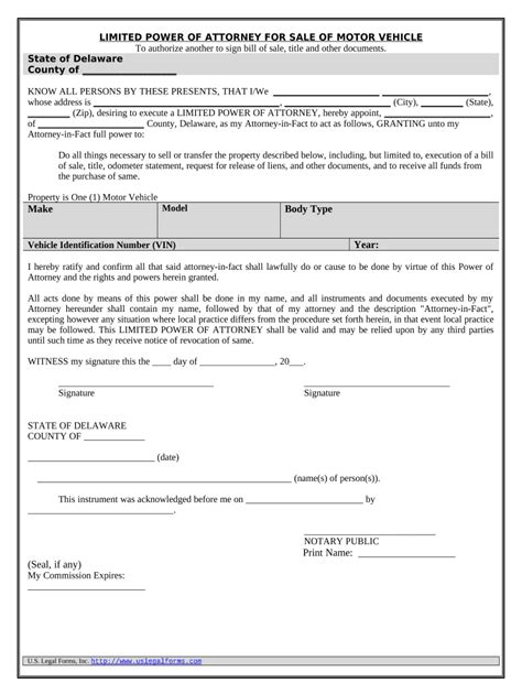 Power Of Attorney For Sale Of Motor Vehicle Delaware Form Fill Out