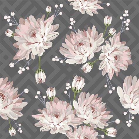 floral seamless pattern with chrysanthemums on grey geometric background vector illustration
