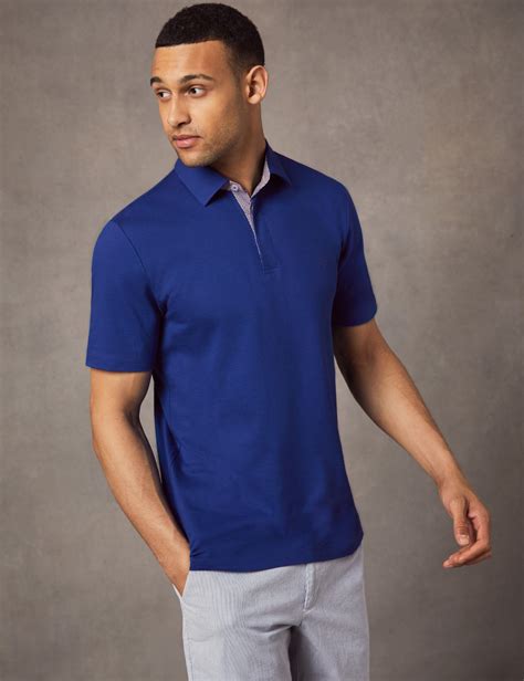 Mens Dark Blue Mercerised Pique Cotton Polo Shirt Short Sleeve