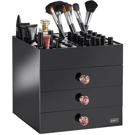 Beautify Large Black Acrylic Cosmetic Makeup Organizer Stand With 3